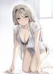  1girl an-94_(girls_frontline) aqua_eyes backlighting bangs blush breasts cleavage collared_shirt girls_frontline hair_between_eyes hairband highres hyury kneeling large_breasts long_hair looking_at_viewer partially_unbuttoned shirt silver_hair solo thighs white_shirt 