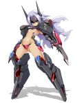  1girl :&lt; alternate_color ass_visible_through_thighs blazblue blue_eyes breasts crotch_plate elbow_gloves forehead_protector full_body gloves headgear highres karukan_(monjya) long_hair looking_at_viewer mecha_musume mu-12 navel noel_vermillion purple_hair revealing_clothes sidelocks small_breasts solo tan tsurime underboob white_background 