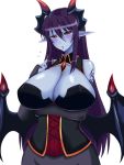  1girl arm_under_breasts bare_shoulders black_sclera blue_skin blush breasts bridal_gauntlets cleavage corset demon_(monster_girl_encyclopedia) demon_girl demon_horns demon_wings elbow_gloves eyebrows_visible_through_hair gloves hair_between_eyes highres horns huge_breasts large_breasts long_hair looking_at_viewer monster_girl monster_girl_encyclopedia murayama_nakoto open_mouth pointy_ears purple_hair red_eyes simple_background slit_pupils solo upper_body white_background wings 