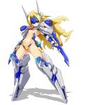  1girl :&lt; ass_visible_through_thighs blazblue blonde_hair blue_eyes breasts crotch_plate elbow_gloves forehead_protector full_body gloves headgear highres karukan_(monjya) long_hair looking_at_viewer mecha_musume mu-12 navel noel_vermillion revealing_clothes sidelocks small_breasts solo tsurime underboob white_background 