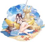  1girl animal anklet ass azur_lane backless_dress backless_outfit banana_boat bare_arms bare_shoulders barefoot beach beach_mat bikini bikini_under_clothes bird black_hair bottle bracelet breasts chick cleavage cloud criin dress feet flower hair_flower hair_ornament hibiscus hiei_(azur_lane) hiei_(beauty_of_the_white_sands)_(azur_lane) highres horns jewelry large_breasts long_hair looking_at_viewer looking_back lotion lotion_bottle manjuu_(azur_lane) official_art orange_eyes picnic_basket ponytail pouring sand sand_castle sand_sculpture sleeveless sleeveless_dress solo starfish swimsuit thighs transparent_background very_long_hair water water_bottle white_bikini white_dress 