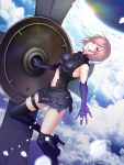  1girl bangs bare_shoulders black_legwear breasts cloud commentary_request elbow_gloves eyebrows_visible_through_hair fate/grand_order fate_(series) gloves hair_over_one_eye highres holding_shield large_breasts looking_at_viewer mash_kyrielight navel outdoors pink_hair purple_eyes purple_gloves purple_hair sasama_keiji shield short_hair sky smile solo thighhighs 