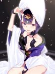  1girl bangs bare_shoulders bob_cut breasts bridal_gauntlets collarbone eyeliner fate/grand_order fate_(series) hand_up headpiece highres hood horns japanese_clothes kimono layered_clothing layered_kimono long_sleeves looking_at_viewer makeup mjsk obi off_shoulder oni oni_horns open_mouth petals purple_eyes purple_hair purple_kimono revealing_clothes sash seiza short_hair shuten_douji_(fate/grand_order) sitting skin-covered_horns small_breasts smile solo thighs uchikake white_kimono wide_sleeves 