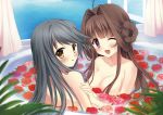  absurdres ahoge bangs bath bathing black_hair blurry_foreground blush breasts brown_hair commentary_request curtains double_bun eyebrows_visible_through_hair flower hair_between_eyes hair_intakes haruna_(kantai_collection) highres holding_another kantai_collection kayura_yuka kongou_(kantai_collection) leaf long_hair looking_at_viewer looking_back medium_breasts nude ocean one_eye_closed open_mouth open_window partially_submerged purple_eyes rose sidelocks smile swept_bangs window yellow_eyes 