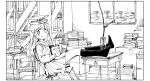  1girl alternate_costume blush book_stack bookshelf chair eyebrows_visible_through_hair greyscale highres indoors kneehighs legs_up long_hair looking_at_viewer monochrome parted_lips pleated_skirt school_uniform shoujo_shuumatsu_ryokou sitting skirt smile solo tsukumizu_yuu window yuuri_(shoujo_shuumatsu_ryokou) 