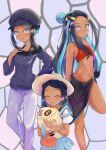  1girl absurdres age_progression alternate_costume bangs bare_shoulders black_hair blue_eyes blue_hair breasts collarbone commentary_request dark_skin earrings feebas fish gloves gym_leader highres holding hoop_earrings jewelry long_hair looking_at_viewer multicolored_hair multiple_views navel pokemon rgrey00 rurina_(pokemon) smile time_paradox two-tone_hair younger 