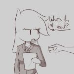  1:1 angry anthro clothed clothing dialogue digital_media_(artwork) female ghost hair hitsuji humanoid monochrome necktie offscreen_character paper riley_(hitsuji) simple_background spirit suit text 