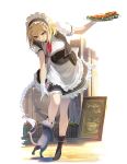  1girl apron bangs black_footwear blonde_hair blue_eyes boots braid cafe cat commentary_request eyebrows_visible_through_hair flower food frilled_skirt frills g36_(girls_frontline) girls_frontline gloves holding holding_plate long_hair looking_down maid maid_headdress outdoors plate red_neckwear sausage shirt short_sleeves sign simple_background skirt solo standing vikpie white_background white_gloves white_shirt 