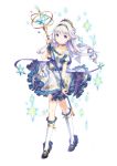  1girl blue_hairband blue_ribbon dress full_body h2so4 hairband highres holding holding_staff kneehighs long_hair original puffy_short_sleeves puffy_sleeves purple_eyes ribbon shoes short_sleeves solo staff standing white_background white_dress white_hair white_legwear 