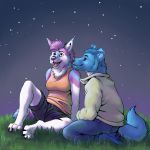  1:1 2020 4_toes anthro barefoot blue_body blue_fur bottomwear breasts canid canine canis clothed clothing detailed_background digital_media_(artwork) domestic_dog duo female fur grass hi_res kneeling looking_up male mammal marjani night open_mouth outside pants shirt shorts sitting sky smile star starry_sky tank_top teeth toes tongue topwear wolf 