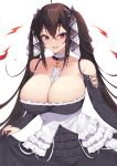  1girl alternate_costume azur_lane bangs bare_shoulders black_dress black_hair breasts choker cleavage collarbone commentary_request cosplay crossed_bangs dress eyebrows_visible_through_hair formidable_(azur_lane) formidable_(azur_lane)_(cosplay) frilled_dress frills hair_between_eyes hair_ribbon holding_skirt kuavera large_breasts long_hair looking_to_the_side open_mouth red_eyes ribbon taihou_(azur_lane) tongue tongue_out twintails two-tone_dress two-tone_ribbon very_long_hair 