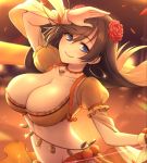  1girl arm_up blue_eyes breasts brown_hair choker cleavage collarbone crop_top dancer earrings fate/grand_order fate_(series) flower frills groin hair_flower hair_ornament hoop_earrings jewelry large_breasts long_hair looking_at_viewer mata_hari_(fate/grand_order) midriff navel orange_shirt oyaji-sou puffy_short_sleeves puffy_sleeves red_flower revealing_clothes shirt short_sleeves smile solo stomach upper_body 