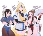  1boy 2girls aerith_gainsborough black_hair blonde_hair bracelet braid braided_ponytail breasts brown_hair character_name chun-li chun-li_(cosplay) cleavage cloud_strife cosplay crossdressing double_bun fan final_fantasy final_fantasy_vii guilty_gear headband jewelry kyou_(ningiou) looking_at_viewer millia_rage millia_rage_(cosplay) multiple_girls open_mouth pantyhose shiranui_mai shiranui_mai_(cosplay) simple_background smile spiked_bracelet spikes street_fighter the_king_of_fighters tifa_lockhart 