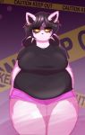  anthro belly big_breasts black_hair bodypaint bottomwear breasts catti_(deltarune) chubby_female clothing deltarune domestic_cat ear_piercing ear_ring face_paint felid feline felis female front_view frown fur hair hi_res highlights_(coloring) huwon looking_at_viewer mammal navel_outline overweight overweight_female piercing pink_highlights shirt shorts slightly_chubby slit_pupils solo standing thick_thighs tight_clothing tight_shirt tight_topwear topwear video_games whiskers white_body white_fur wide_hips yellow_sclera 