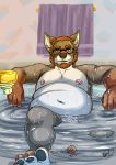  absurd_res anthro bathtub beard canid canine canis coyote delicatessen eyewear facial_hair glasses hi_res looking_at_viewer male mammal nipples overweight overweight_male pally slightly_chubby solo toes wet 