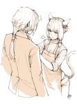  1boy 1girl absurdres adjusting_clothes adjusting_necktie animal_ears bangs cat_ears cat_tail facial_mark final_fantasy final_fantasy_xiv haimerejzero hair_tubes highres miqo&#039;te monochrome neck_tattoo necktie ponytail short_hair sketch sleeves_rolled_up sweater tail tattoo thancred_waters y&#039;shtola_rhul 