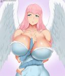  angel big_breasts blue_eyes breasts cleavage clothed clothing dress feathered_wings feathers female hair huge_breasts humanoid kainkout nanatsu_no_taizai nerobasta pink_hair solo wings 