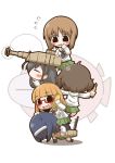  5girls akiyama_yukari anger_vein anglerfish bangs black_hair black_legwear black_neckwear blouse blunt_bangs blush_stickers brown_hair carrying cellphone chibi climbing closed_mouth commentary cosplay emblem eyebrows_visible_through_hair flying_sweatdrops girls_und_panzer green_skirt ground_vehicle hairband hand_on_own_face hand_to_own_mouth holding holding_phone human_tower isuzu_hana leaning_forward long_hair long_sleeves looking_at_another messy_hair military military_vehicle miniskirt motor_vehicle multiple_girls neckerchief nishizumi_miho on_person one_knee ooarai_school_uniform open_mouth orange_hair panzerkampfwagen_iv phone pleated_skirt reizei_mako school_uniform serafuku shadow short_hair shoulder_carry simple_background skirt smartphone smile socks stacking takebe_saori tank tank_shell tank_turret thighhighs twitter_username white_background white_blouse white_hairband zannen_na_hito 