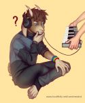  acequorthon anthro barefoot blue_eyes bovid bracelet brown_body brown_hair caprine crossed_legs goat hair headphones jewelry keyboard_instrument lgbt_pride male mammal musical_instrument offscreen_character pride_colors rexwind sitting solo thinking 