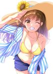  1girl :d =d arm_up bangs bikini bikini_top blue_shorts blush breasts brown_eyes cleavage collarbone eyebrows_visible_through_hair flower front-tie_bikini front-tie_top hand_on_own_leg hat large_breasts light_brown_hair long_hair looking_at_viewer namidako navel one_eye_closed open_clothes open_mouth open_shirt original salute shirt shirt_slip short_sleeves shorts simple_background smile solo striped striped_shirt sun_hat sunflower swimsuit teeth unbuttoned_shorts white_background yellow_bikini 