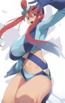  1girl blue_eyes fuuro_(pokemon) hair_bun hair_ornament highres kamaboko_(ossann0125) midriff navel pokemon pokemon_(game) pokemon_bw red_hair short_shorts shorts simple_background solo thick_thighs thighs white_background 