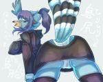  anthro avian beak bird black_beak black_body black_clothing black_feathers blue_body blue_feathers blue_hair bottomwear breasts butt clothed clothing feathers female flyer_(pixiv) hair legwear looking_at_viewer multicolored_body multicolored_feathers open_beak open_mouth panties raised_tail rear_view skirt solo tail_feathers text two_tone_beak underwear white_body white_feathers white_text 