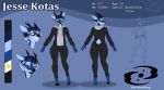  2019 5_fingers absurd_res anthro antlers blue_body blue_fur blue_hair bottomwear cervid cervine chital clothed clothing english_text fingers fur grin hair hi_res hooves horn jeans jesse_kotas kittydee laugh looking_at_viewer male mammal model_sheet open_mouth pants simple_background smile solo standing sweater teeth text topwear yellow_eyes 