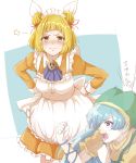  2girls absurdres alternate_costume annoyed apron arm_ribbon arm_up bangs blonde_hair blue_background blue_hair blue_neckwear blush bob_cut clenched_hand commentary_request cravat cropped_legs double_bun dress enmaided from_side furrowed_eyebrows gaijin_4koma green_headwear grimace gumi_(fwjn7284) hair_over_one_eye hair_ribbon hands_on_hips haniwa_(statue) haniyasushin_keiki highres hood joutouguu_mayumi juliet_sleeves leaning_forward long_sleeves looking_at_viewer maid maid_apron maid_headdress motion_lines multiple_girls orange_dress puffy_sleeves ribbon short_hair simple_background sketch standing star sweat touhou translation_request two-tone_background upper_body white_background wrist_cuffs yellow_dress yellow_eyes 
