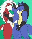  absurd_res anthro blue_body blue_fur brother brothers canid canine eyes_closed fur hi_res hybrid incest_(lore) kissing lucario lycanroc male male/male mammal midnight_lycanroc muscular muscular_male nintendo pok&eacute;mon pok&eacute;mon_(species) red_body red_fur seibear sibling video_games 