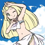  1girl aliasing arm_up armpits bangs bikini blonde_hair blue_background blue_bikini blue_sky braid clenched_hand closed_mouth cloud commentary_request cowboy_shot day flat_chest french_braid gomatarou_(pixiv196136) green_eyes hand_up happy lillie_(pokemon) long_hair lowres navel nipple_slip nipples one_eye_closed outdoors pokemon pokemon_(anime) pokemon_sm_(anime) sarong sky smile solo splashing standing stomach swimsuit tied_hair wardrobe_malfunction water white_sarong 