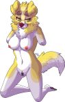  absurd_res alpha_channel amputee anthro armless breasts canid canine chastity_piercing chest_tuft disability female fur genital_piercing genitals hi_res kneeling mammal mysticwhisker nude piercing pussy solo tuft white_body white_fur yellow_body yellow_fur 