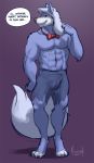  anthro blue_body blue_fur bottomwear bow_tie bulge canid canine canis clothing fur hair long_hair male mammal meesh muscular muscular_male pants solo white_hair wilford_wolf wolf 