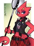  2020 animal_crossing anthro belt blue_eyes bottomwear butterfly_net chameleon clothing collar flick_(animal_crossing) front_view hi_res jacket lizard loppifi male nintendo pants piercing red_body red_skin reptile scalie shirt simple_background solo standing topwear video_games 