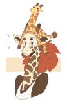  anthro brown_body brown_eyes brown_fur bust_portrait clothing female fur giraffe giraffid hair hat headgear headwear hi_res horn mammal markings object_on_head orange_hair portrait shirt simple_background slightlysimian solo topwear yellow_body yellow_fur 