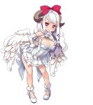  1girl bare_legs bow brave_sword_x_blaze_soul breasts cleavage coattails demon_girl demon_wings dress elbow_gloves eyebrows_visible_through_hair feathered_wings finger_to_chin full_body gloves hair_bow heart heart-shaped_pupils high_heels large_breasts long_hair official_art pointy_ears red_eyes smile solo symbol-shaped_pupils transparent_background white_dress white_footwear white_gloves white_hair white_wings wings 