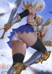  1girl ariverkao ass bangs black_legwear blue_sky blurry_foreground breastplate breasts brown_eyes dated from_below holding holding_sword holding_weapon large_breasts lips looking_at_viewer original panties patreon_logo pleated_skirt shield short_hair signature skirt sky solo sword thighhighs underwear weapon white_hair white_panties 