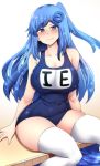  1girl arm_support bangs bare_arms bare_shoulders blue_eyes blue_hair blue_theme blush breasts collarbone curvy eyebrows_visible_through_hair half-closed_eyes highres hinghoi internet_explorer internet_explorer_(merryweather) internet_explorer_(webcomic) large_breasts long_hair looking_at_viewer one_side_up original personification pool school_swimsuit sitting smile soaking_feet solo swimsuit thighhighs thighs water white_background zettai_ryouiki 