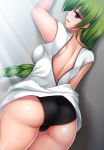  1girl absurdres against_wall alternate_costume arm_up ass black_panties blue_eyes blush braid breasts dress eyebrows_visible_through_hair gradient gradient_background green_hair hair_between_eyes highres kantai_collection long_hair looking_at_viewer medium_breasts mole mole_under_mouth panties ruin_re_birth single_braid smile solo underwear very_long_hair white_dress yuugumo_(kantai_collection) 