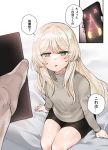  1boy 1girl an-94_(girls_frontline) bangs blonde_hair blush breasts cellphone commander_(girls_frontline) commentary_request eyebrows_visible_through_hair girls_frontline green_eyes highres hypnosis long_hair looking_at_viewer mind_control moonjunk phone pov sitting smartphone translated turtleneck 