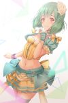  1girl absurdres belt blush bow bracelet braid breasts bustier cleavage cropped_jacket gloves green_hair hairband highres jewelry koyaya layered_skirt macross macross_frontier midriff navel ranka_lee red_eyes short_hair single_glove skirt small_breasts smile solo thighhighs 