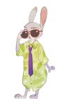  anthro barefoot bibio clothed clothing disney eyewear fur grey_body grey_fur hi_res judy_hopps lagomorph leporid mammal necktie open_mouth oversized_shirt rabbit simple_background solo standing sunglasses white_background zootopia 