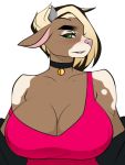  2019 3:4 anthro big_breasts blonde_hair bovid bovine breasts brown_body brown_fur cattle choker cleavage clothed clothing female foxicube fur hair horn jewelry mammal necklace off_shoulder shirt simple_background topwear white_background 