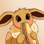  1:1 blush bodily_fluids brown_body brown_fur eevee fangs female feral food fur nintendo pok&eacute;mon pok&eacute;mon_(species) saliva sandwich_(food) simple_background smile solo starryvolta tuft video_games 