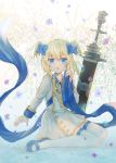  1girl :o abstract_background anchor_necklace azur_lane bangs blonde_hair blue_eyes blue_footwear blue_ribbon bow child coat_dress collarbone collared_dress commentary_request dress eyebrows_visible_through_hair flower full_body gold_trim hair_between_eyes hair_bow hand_up holding holding_ribbon little_renown_(azur_lane) loafers long_sleeves looking_at_viewer open_mouth planted_weapon ribbon shiromine_kana shoes short_hair sidelocks signature sitting solo thighhighs two_side_up wariza weapon white_background white_dress white_legwear younger zettai_ryouiki 