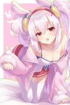  1girl animal_ears arm_up azur_lane bare_shoulders blush breasts bunny_ears cleavage eyebrows_visible_through_hair fake_animal_ears gradient gradient_background hair_between_eyes hair_ornament hairband highres jacket laffey_(azur_lane) long_hair long_sleeves looking_at_viewer medium_breasts miiiiiiimu paw_pose pink_background pink_hair pink_jacket pleated_skirt red_eyes red_skirt skirt solo thighhighs twintails two-tone_background very_long_hair white_background white_legwear 