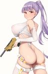  1girl absurdres ass bare_shoulders breasts character_request covered_nipples elbow_gloves fingerless_gloves from_behind gloves gun highres holding holding_gun holding_weapon large_breasts last_origin long_hair looking_at_viewer ponytail purple_hair red_eyes revealing_clothes romocha_(hosachi3784) simple_background solo weapon white_background white_gloves 