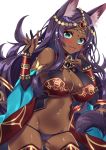  1girl animal_ear_fluff animal_ears aqua_eyes black_panties blush breasts cleavage dark_skin fang fate/grand_order fate_(series) hands_up head_chain highres honoka_chiffon large_breasts long_hair looking_at_viewer navel open_mouth panties purple_hair queen_of_sheba_(fate/grand_order) simple_background smile solo tail underwear white_background 