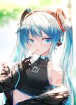 1girl ahoge bai_yemeng black_gloves blue_eyes blue_hair blurry blurry_background chewing_gum gloves hair_between_eyes hatsune_miku headphones highres long_hair looking_at_viewer number_tattoo open_mouth shoulder_tattoo solo tattoo twintails vocaloid 