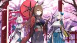  3girls amagi_(azur_lane) animal_ears azur_lane black_gloves black_kimono blue_eyes blue_hakama blue_skirt breasts bridal_gauntlets brown_hair cape cherry_blossoms day eyeshadow fox_ears fox_girl fox_mask gloves gochou_(atemonai_heya) hakama half_gloves haori holding holding_umbrella japanese_clothes kaga_(battleship)_(azur_lane) kimono large_breasts light_rays looking_away makeup mask mask_on_head mask_removed multiple_girls no_tail official_art oriental_umbrella outdoors petals pleated_skirt purple_eyes side_slit sideboob silver_hair skirt smile standing sunbeam sunlight torii tosa_(azur_lane) tree umbrella wide_sleeves yellow_eyes 