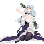  1girl alcohol bare_shoulders beer beer_bottle black_footwear black_gloves black_legwear blush braid breasts choker cleavage collarbone dress drunk earrings evening_gown flower_ornament frilled_dress frills girls_frontline gloves green_eyes hair_ornament heineken high_heels highres hk416_(girls_frontline) jewelry kneeling large_breasts long_hair low_twintails purple_dress shoukaki_(earthean) silver_hair solo strapless strapless_dress thighhighs tied_hair twintails very_long_hair white_background 